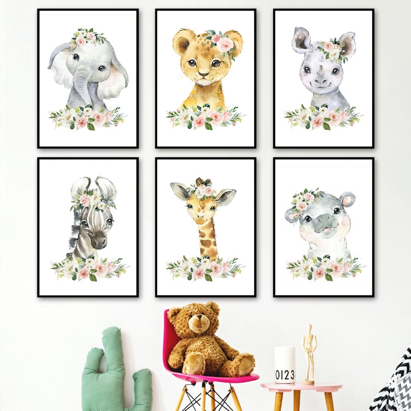 Baby Nursery Posters - ภาพพิมพ์บนผ้าใบลายดอกไม้และสัตว์ป่า ตกแต่งห้องเด็ก ลายช้าง ยีราฟ ภาพวาดติดผนัง โปสเตอร์สไตล์นอร์ดิก