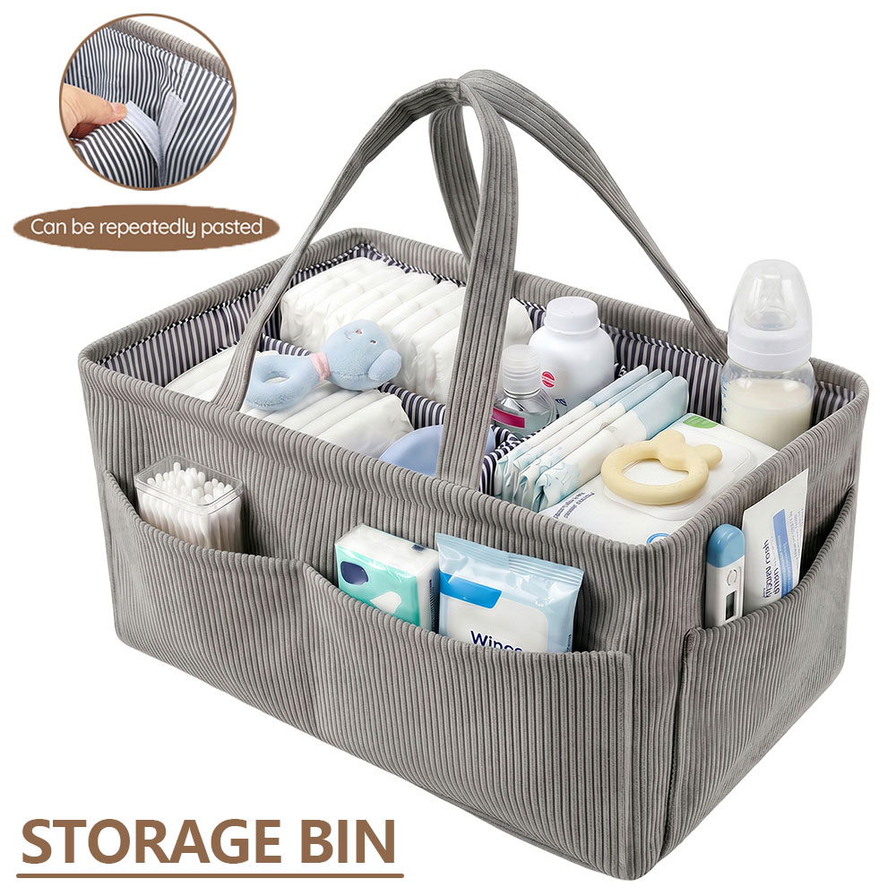 Baby Nursery Organization Ideas - ตะกร้าเก็บของเด็กอ่อนแบบพับได้ ทำจากผ้าคอร์ดูรอย พร้อมช่องเก็บของหลายช่องและหูหิ้ว พกพาสะดวก ใช้เป็นตะกร้าใส่ผ้าเช็ดทำความสะอาดได้