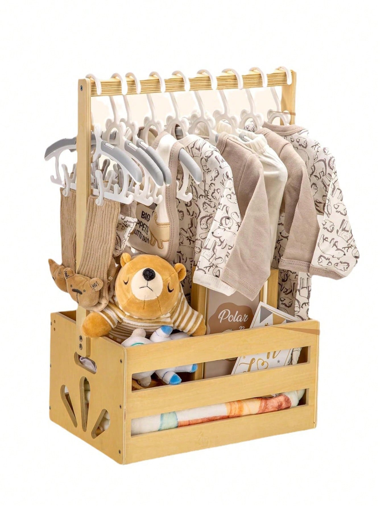 Baby Nursery Unit - กล่องเก็บของสำหรับงานเบบี้ชาวเวอร์พร้อมราวแขวน ตะกร้าเก็บของไม้ธรรมชาติสไตล์โมเดิร์น ชั้นวางเสื้อผ้าแบบพกพาพร้อมช่องจับด้านข้าง สำหรับเก็บเสื้อผ้าและของเล่นเด็กแรกเกิด ของขวัญสำหรับงานเบบี้ชาวเวอร์และคุณพ่อคุณแม่มือใหม่