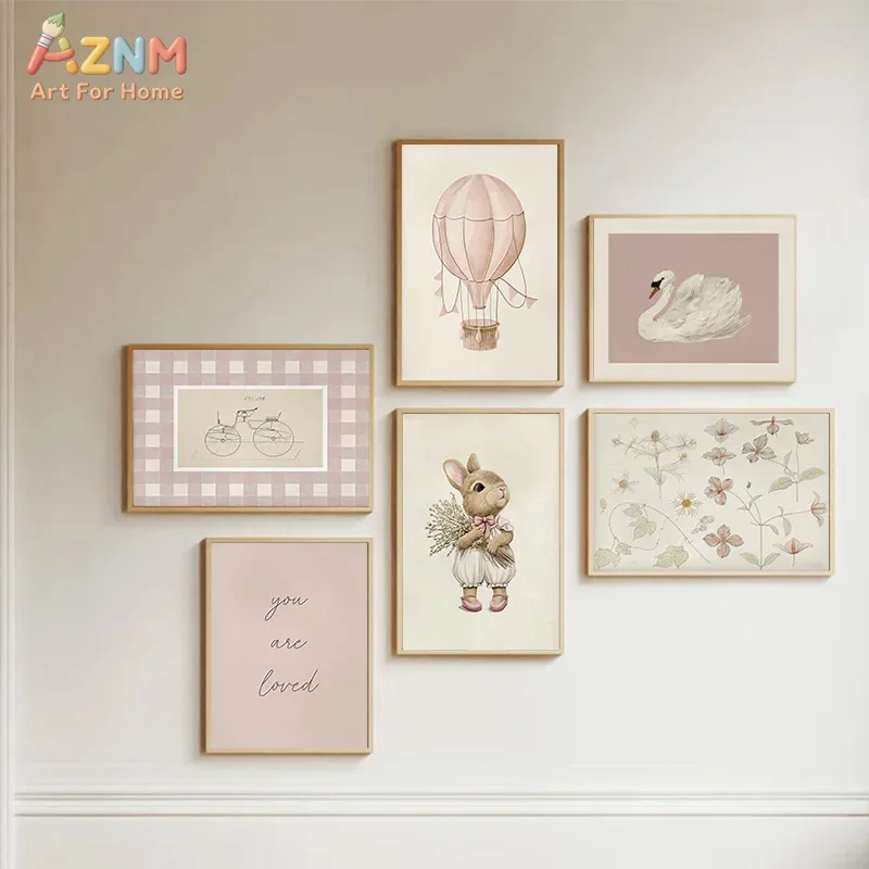 Baby Nursery Vintage - AZNM โบโฮ บันนี่ บอลลูนอากาศร้อน หงส์ ภาพพิมพ์บนผ้าใบสำหรับตกแต่งผนัง,