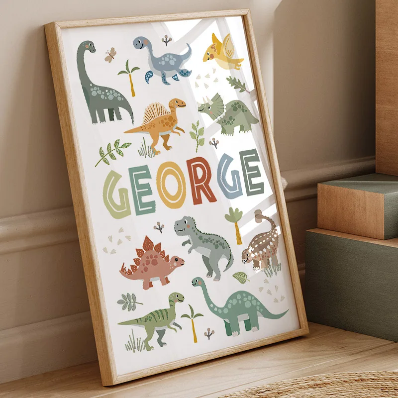 Baby Nursery Prints - ไดโนเสาร์น่ารัก ทีเร็กซ์ แบรคิโอซอรัส ภาพวาดบนผืนผ้าใบสำหรับตกแต่งผนังห้องเด็ก โปสเตอร์และภาพพิมพ์ไดโนเสาร์สไตล์นอร์ดิก ของตกแต่งห้องเด็ก