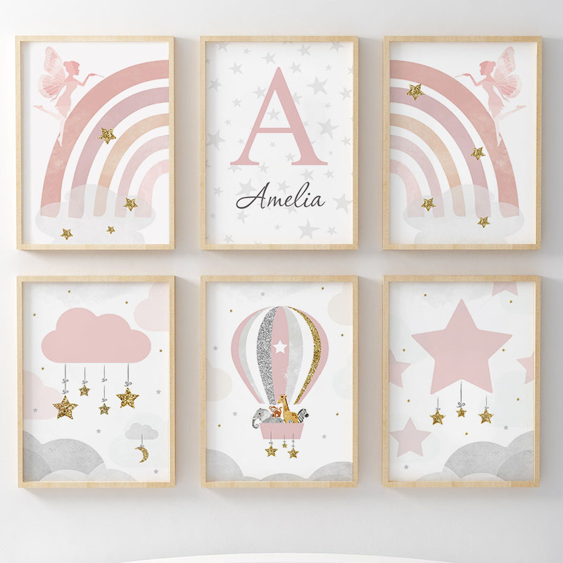Baby Nursery Posters - ภาพพิมพ์บนผืนผ้าใบลายเด็กผู้หญิงนางฟ้าสีชมพู สายรุ้ง บอลลูน เมฆ ดาว สัตว์ต่างๆ
