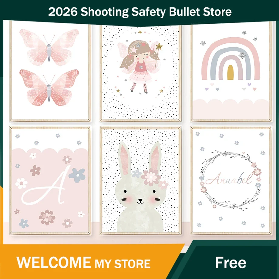 Baby Nursery Prints - ภาพวาดบนผืนผ้าใบลายกระต่ายสาวน้อยน่ารัก ดอกไม้ ผีเสื้อ สายรุ้ง สำหรับตกแต่งผนังห้องเด็ก โปสเตอร์และภาพพิมพ์สำหรับตกแต่งห้องเด็กอ่อน