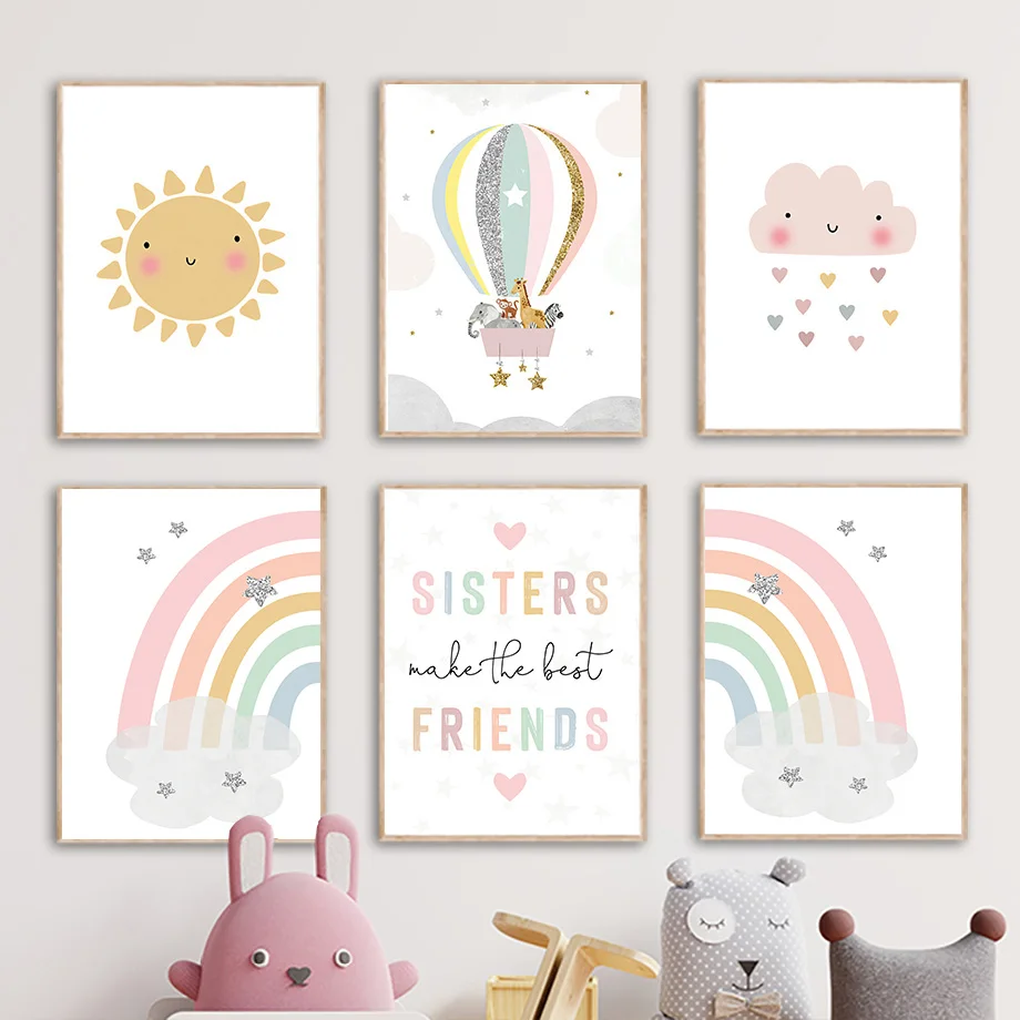 Baby Nursery Prints - ยีราฟ ช้าง บอลลูนลมร้อน ดวงอาทิตย์ สายรุ้ง ห้องเด็ก