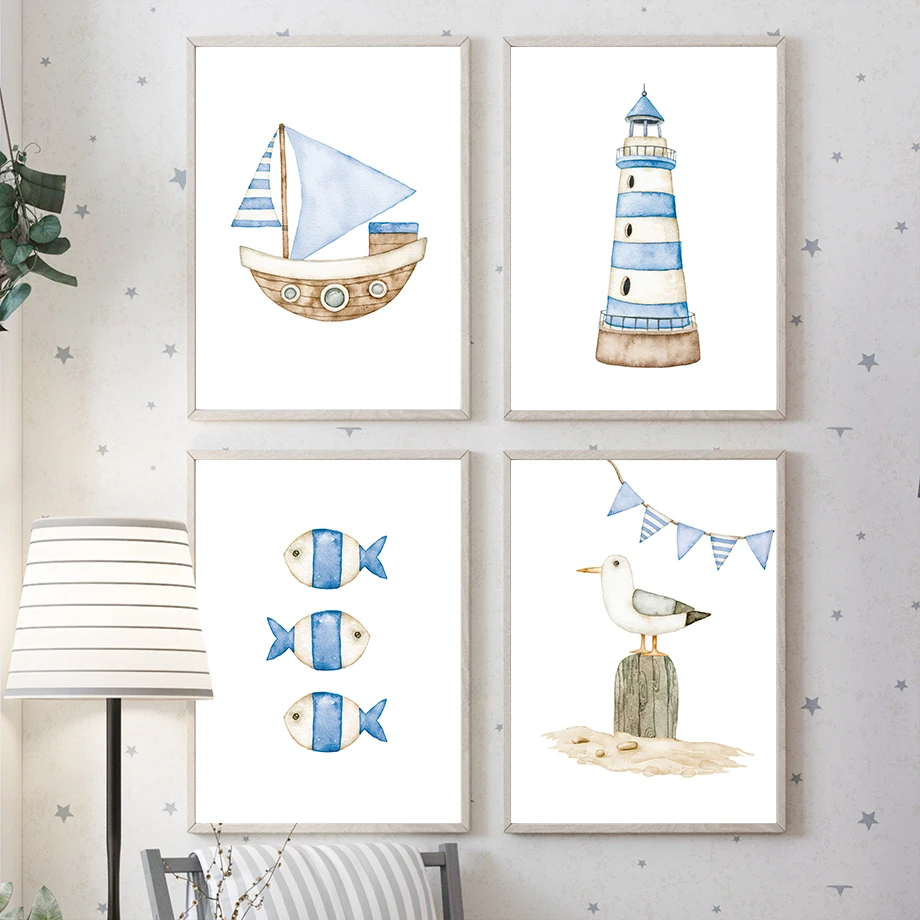 Baby Nursery Posters - เรือใบ ประภาคาร ปลา ภาพพิมพ์แนวทะเล โปสเตอร์และภาพพิมพ์บนผ้าใบ ภาพวาดศิลปะติดผนังสไตล์นอร์ดิก