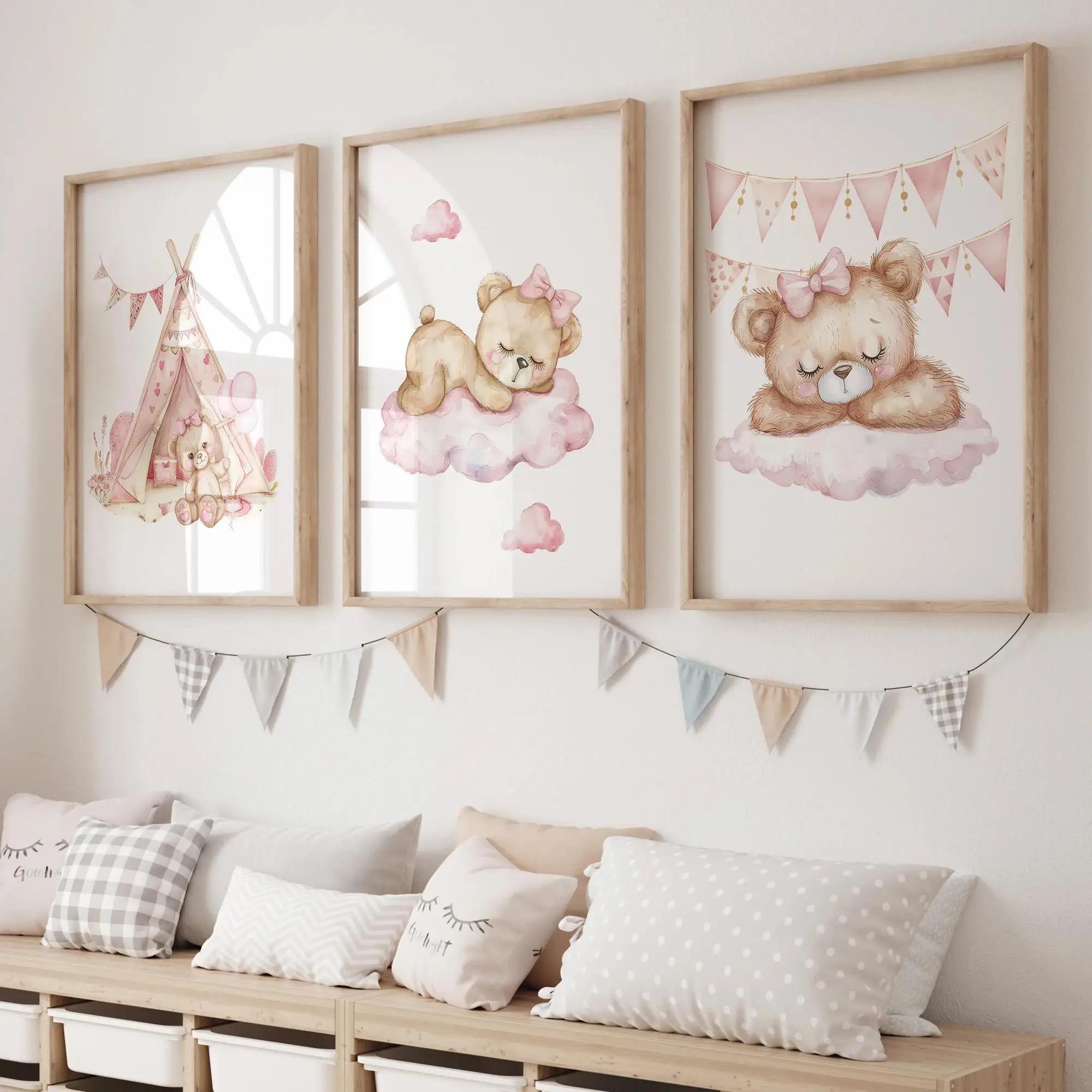 Baby Nursery Prints - สีชมพู Dream Bear Carousel เต็นท์ Swing