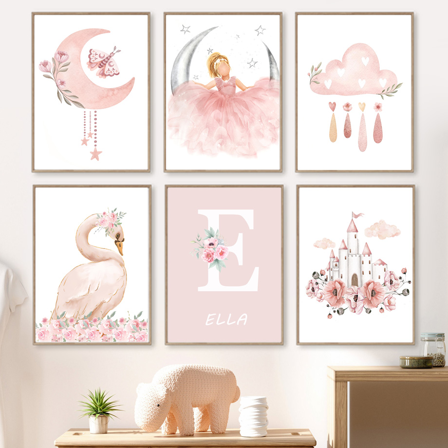 Baby Nursery Posters - ภาพพิมพ์บนผ้าใบลายปราสาทหงส์ พระอาทิตย์ พระจันทร์ เมฆ นางฟ้าสีชมพู สำหรับตกแต่งห้องเด็ก