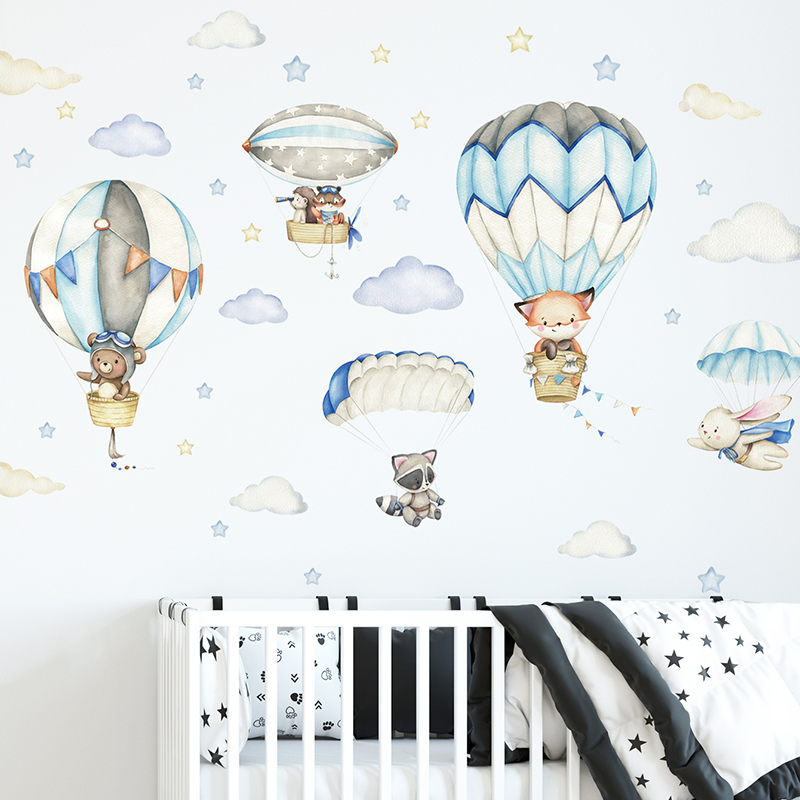 Baby Nursery Stickers - การ์ตูนสัตว์น่ารัก Hot Air บอลลูนสติ๊กเกอร์ติดผนังสําหรับห้องเด็ก Baby Nursery