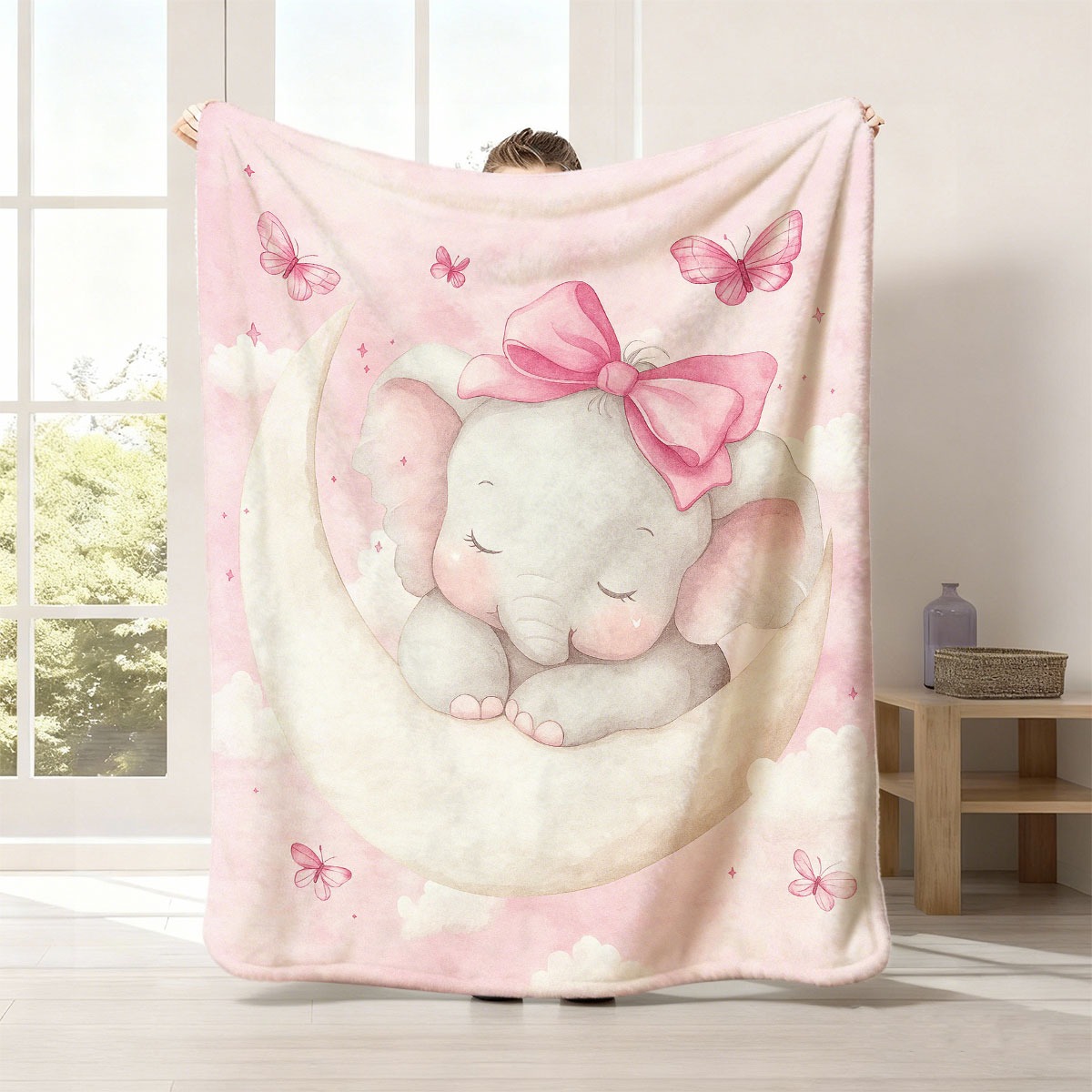 Baby Nursery Keepsake - ผ้าห่มลายช้างน้อยนุ่มสบาย สีชมพู ของตกแต่งห้องเด็ก ของขวัญที่ระลึกสำหรับเด็ก ผ้าฟลีซนุ่มสบายสำหรับเด็กหญิงและเด็กชาย