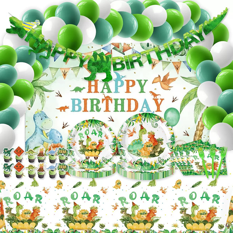 Baby Nursery Jungle Theme - ชุดจานชามลายไดโนเสาร์สำหรับงานเลี้ยงวันเกิดธีมการ์ตูน ตกแต่งงานวันเกิดเด็ก งานเลี้ยงฉลองทารก งานปาร์ตี้ธีมซาฟารีในป่า