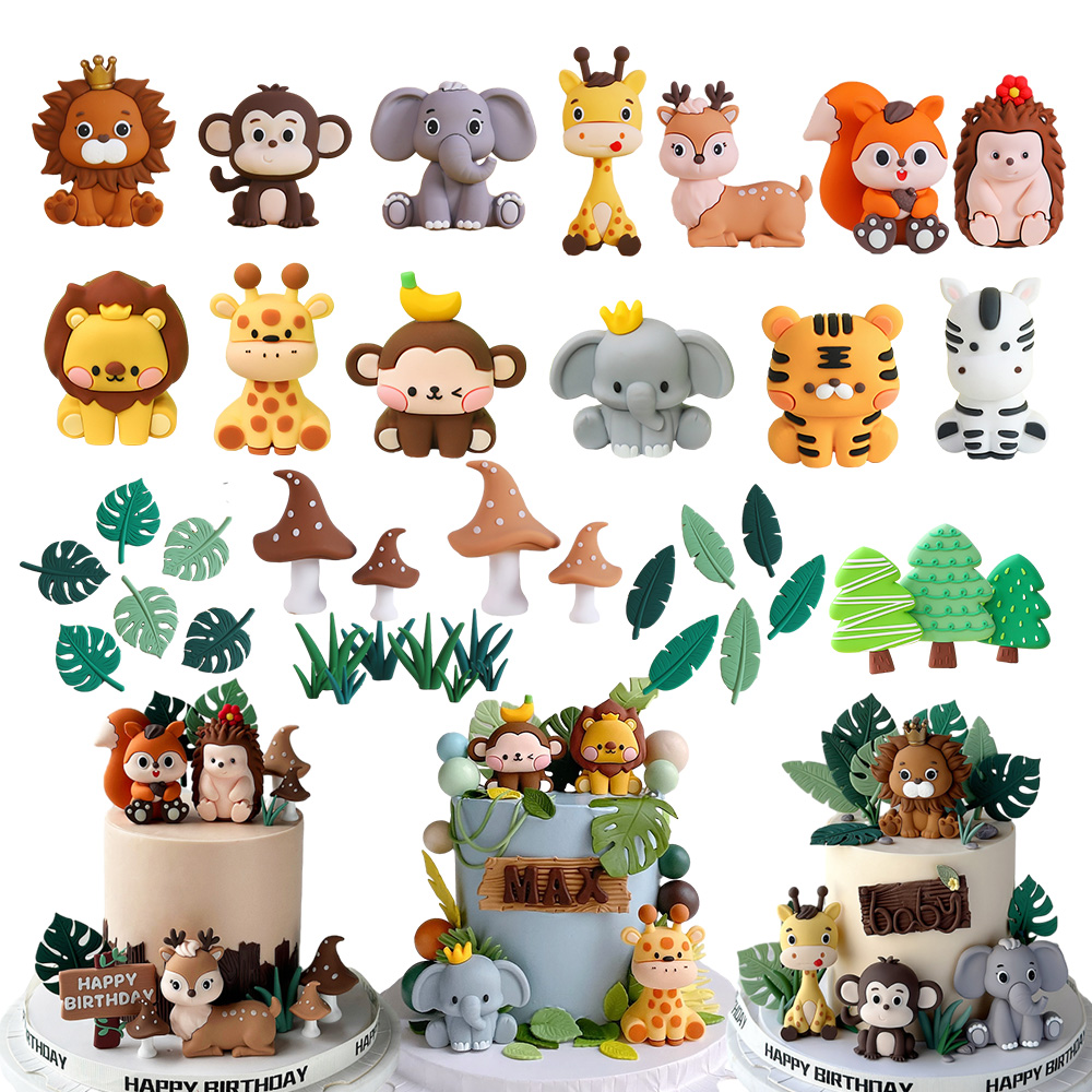 Baby Nursery Jungle Theme - ชุดท็อปเปอร์เค้กสัตว์ซาฟารี - สิงโต ช้าง ยีราฟสําหรับธีมป่า วันเกิดครั้งที่