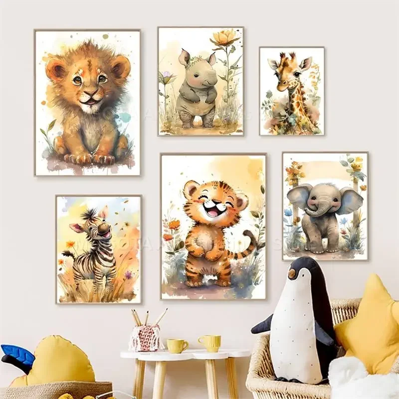 Baby Nursery Prints - ภาพวาดสีน้ำ ลายสิงโต ยีราฟ เสือ ช้าง ม้าลาย
