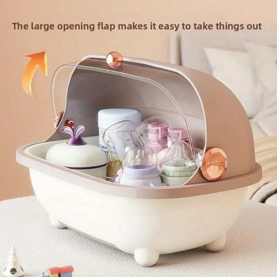 Baby Nursery Unit - กล่องเก็บขวดนมเด็กแบบมีฝาปิดใส ที่วางขวดนมแบบตั้งโต๊ะ ป้องกันฝุ่น พร้อมถาดรองน้ำที่ถอดออกได้ สำหรับจุกนม แก้ว