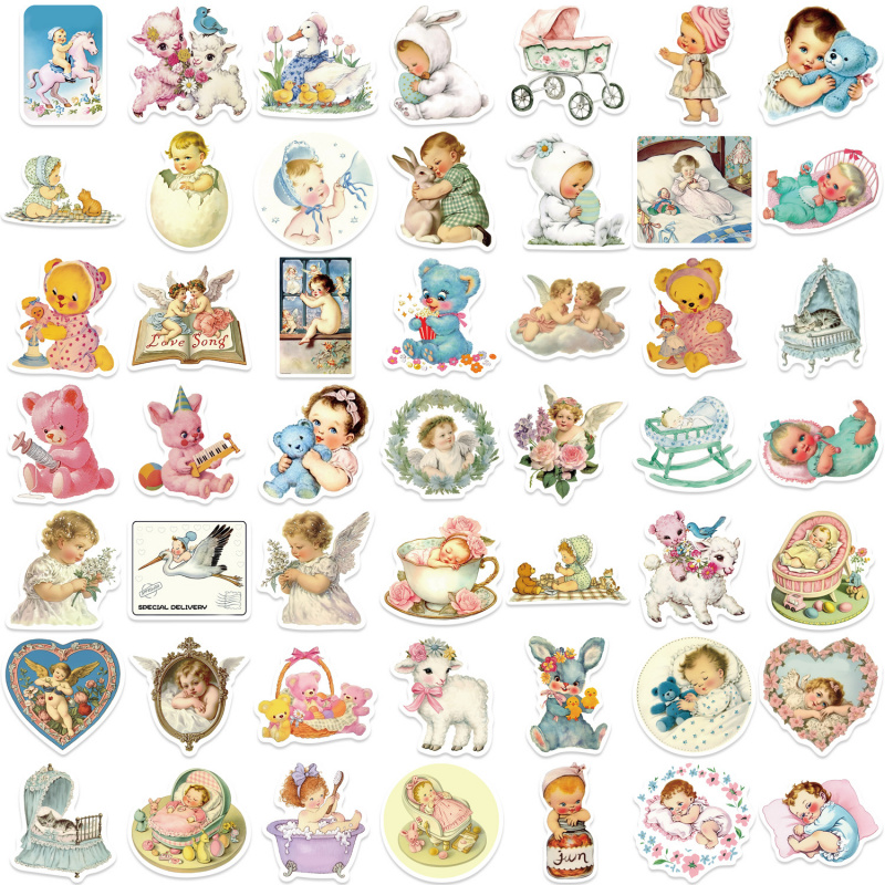Baby Nursery Vintage - 50 ชิ้น สติกเกอร์เด็กสไตล์วินเทจน่ารัก สติกเกอร์ตกแต่งห้องเด็กแบบเรโทร กันน้ำ สำหรับสมุดบันทึก