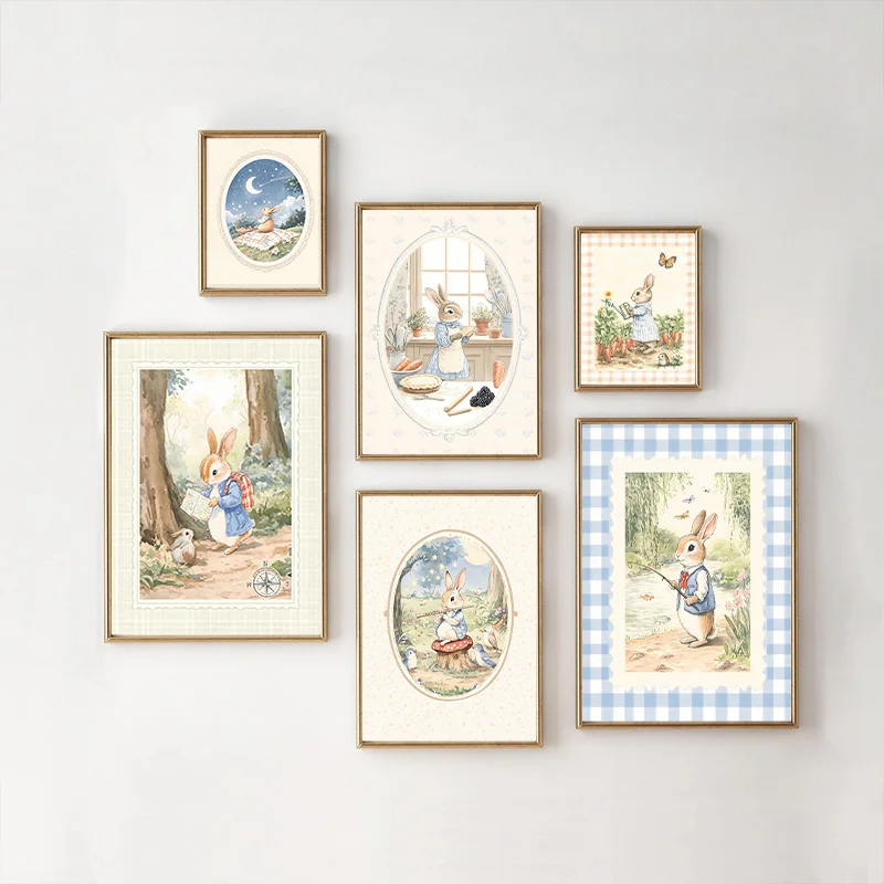 Baby Nursery Vintage - วินเทจ โบโฮ บลู ลายสก๊อต กระต่าย โปสเตอร์ศิลปะ
