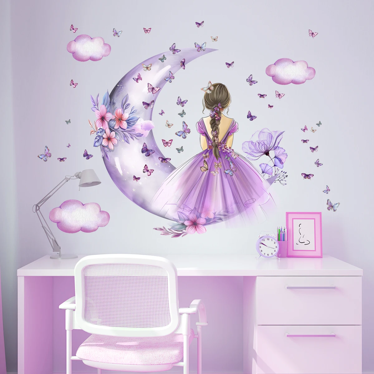 Baby Nursery Ideas Girl - สาวดวงจันทร์ผีเสื้อสติ๊กเกอร์ติดผนังเด็กห้องนอนตกแต่งเด็กทารกอุปกรณ์ตกแต่งบ้านห้องนั่งเล่น Wall Decal