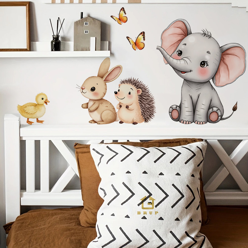 Baby Nursery Stickers - การ์ตูนสัตว์สติ๊กเกอร์ติดผนัง-ช้างกระต่ายเม่นเนอสเซอรี่รูปลอกที่ถอดออกได้เด็กตกแต่งห้องเด็กเล่น Wall Art Home