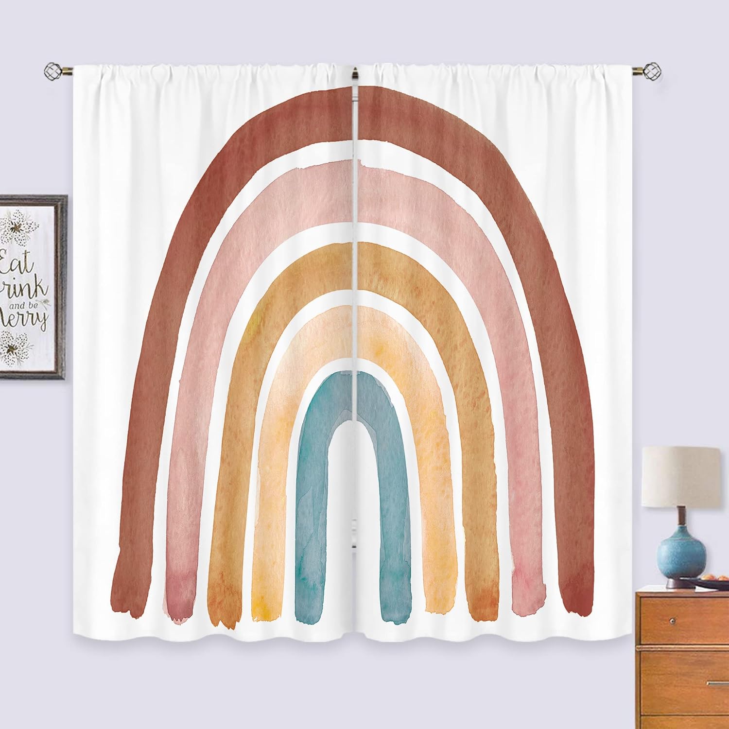 Baby Nursery Vintage - ผ้าม่านโบโฮลายสายรุ้งสำหรับเด็กผู้หญิงและเด็กผู้ชาย ตกแต่งห้องนอน ขนาด 42x63 นิ้ว แบบร้อยราว