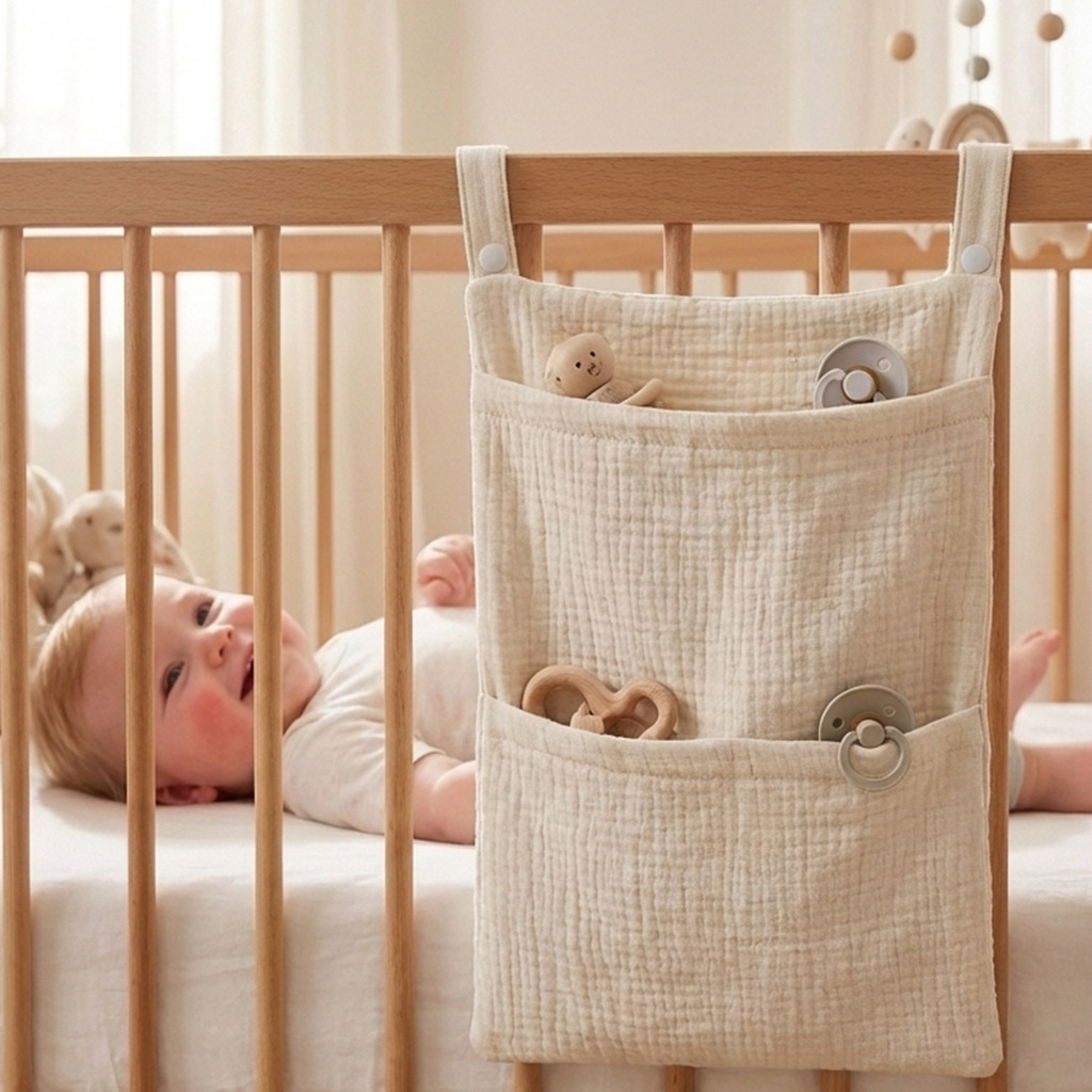 Baby Nursery Organization Ideas - กระเป๋าจัดระเบียบเปลเด็กแบบแขวน ผ้ามัสลิน ผ้าก๊อซ ใส่ผ้าอ้อม ของใช้เด็กอ่อน กระเป๋าแขวนข้างเตียงเด็ก