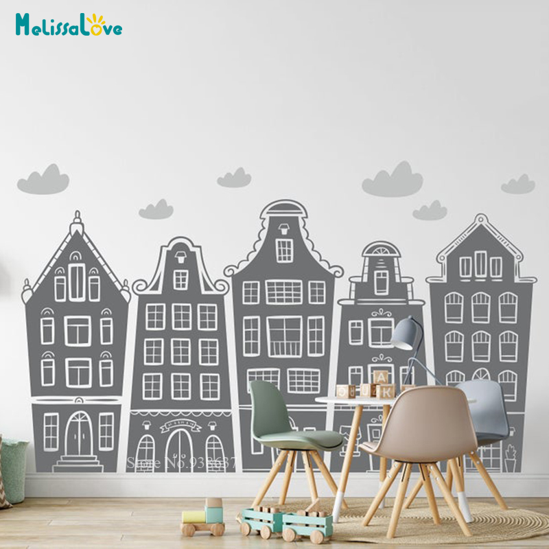 Baby Nursery Stickers - สแกนดิเนเวียนบ้านและเมฆ Decal เนอสเซอรี่เด็กห้องเด็กเล่นสติกเกอร์ Handpainted บ้านการ์ตูนเด็กอัมสเตอร์ดัม House