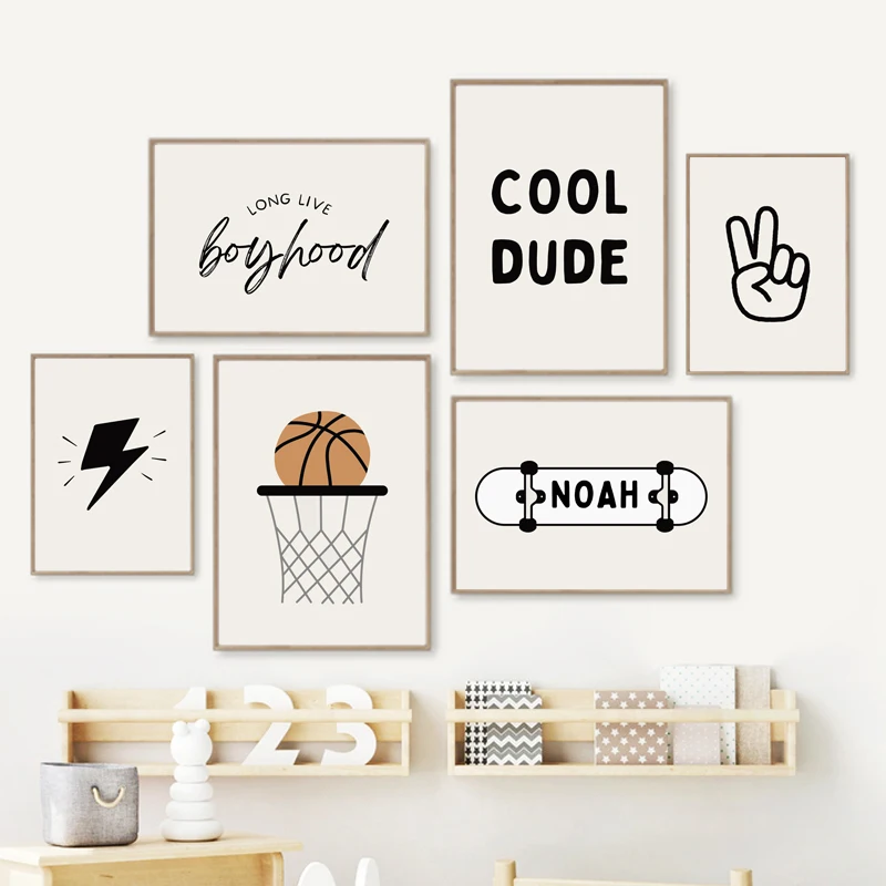 Baby Nursery Posters - โปสเตอร์เด็กผู้ชายเล่นบาสเก็ตบอล สเก็ตบอร์ด กีฬา ภาพพิมพ์ตกแต่งผนังห้องเด็ก ภาพวาดบนผ้าใบ ของตกแต่งห้องเด็ก