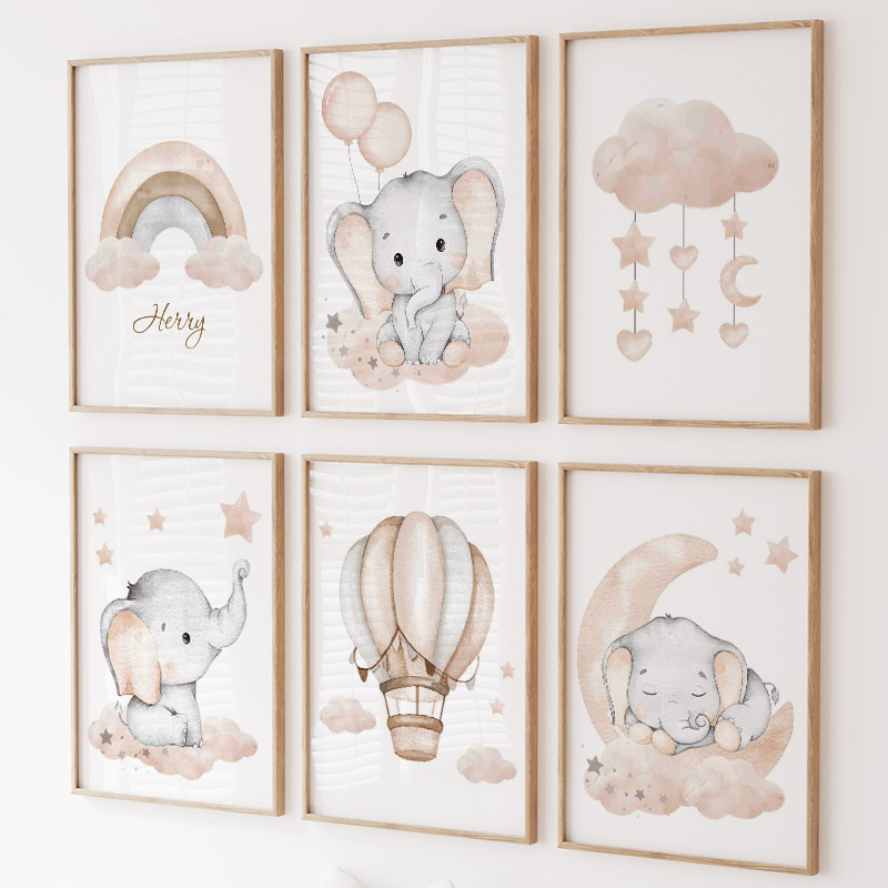 Baby Nursery Prints - ช้างน่ารักร้อนบอลลูน Moon Rainbow Cloud Nursery Wall