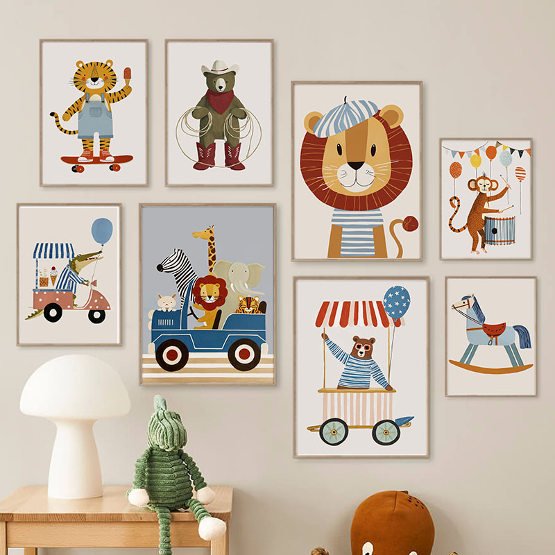 Baby Nursery Prints - ภาพวาดการ์ตูนสัตว์ตลกๆ สำหรับตกแต่งผนังห้องเด็ก ภาพพิมพ์บนผ้าใบ ลายสิงโต หมี เสือ
