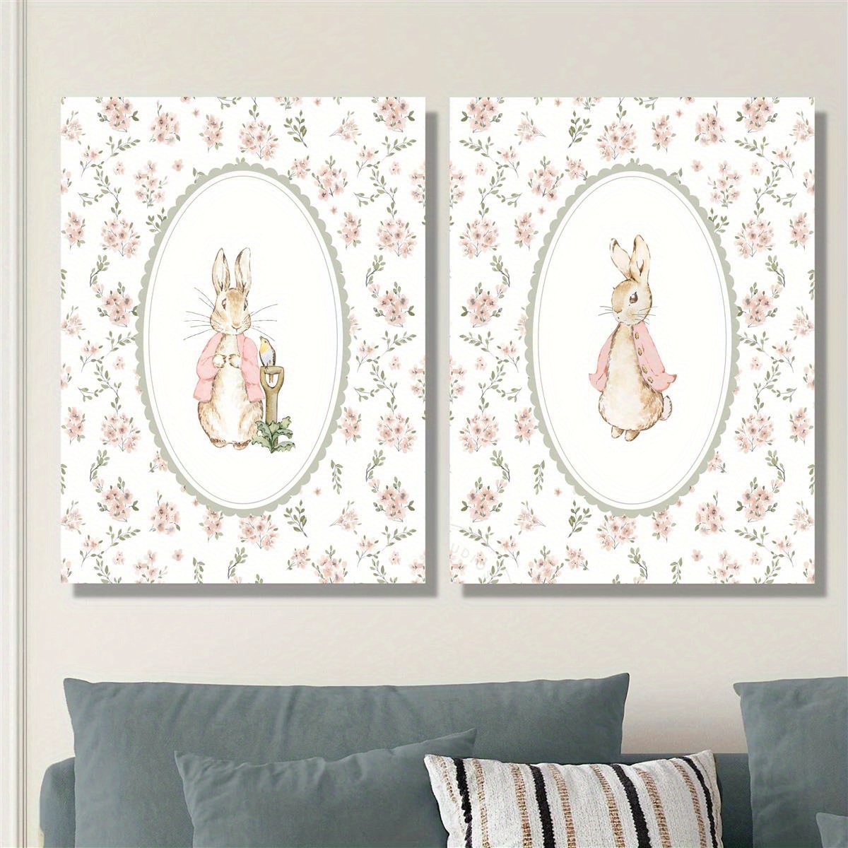 Baby Nursery Prints - ภาพพิมพ์บนผ้าใบลายกระต่ายอีสเตอร์สไตล์เรโทร 2 ชิ้น, ภาพศิลปะติดผนังลายดอกไม้สำหรับห้องเด็กผู้หญิงแบบไม่มีกรอบ, ภาพพิมพ์ลายกระต่ายสไตล์วินเทจสำหรับตกแต่งบ้าน