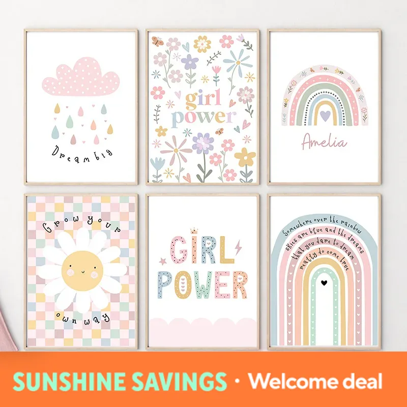 Baby Nursery Prints - ดอกทานตะวัน สายรุ้ง เมฆ หัวใจ ภาพวาดศิลปะติดผนังสำหรับห้องเด็ก ภาพพิมพ์บนผ้าใบ