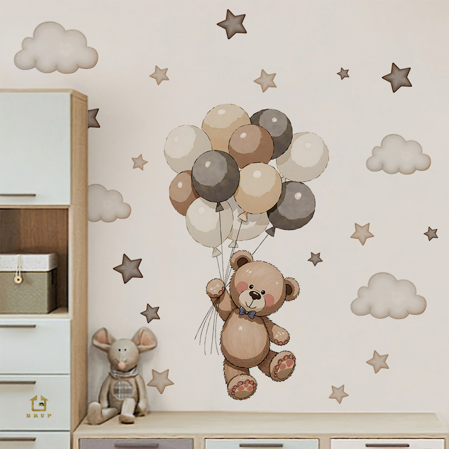 Baby Nursery Stickers - สติ๊กเกอร์ติดผนังรูปหมีเท็ดดี้ที่น่ารัก ของตกแต่งแบบถอดได้พร้อมลูกโป่ง ดาว และเมฆ สำหรับห้องนอนเด็ก ห้องเล่น