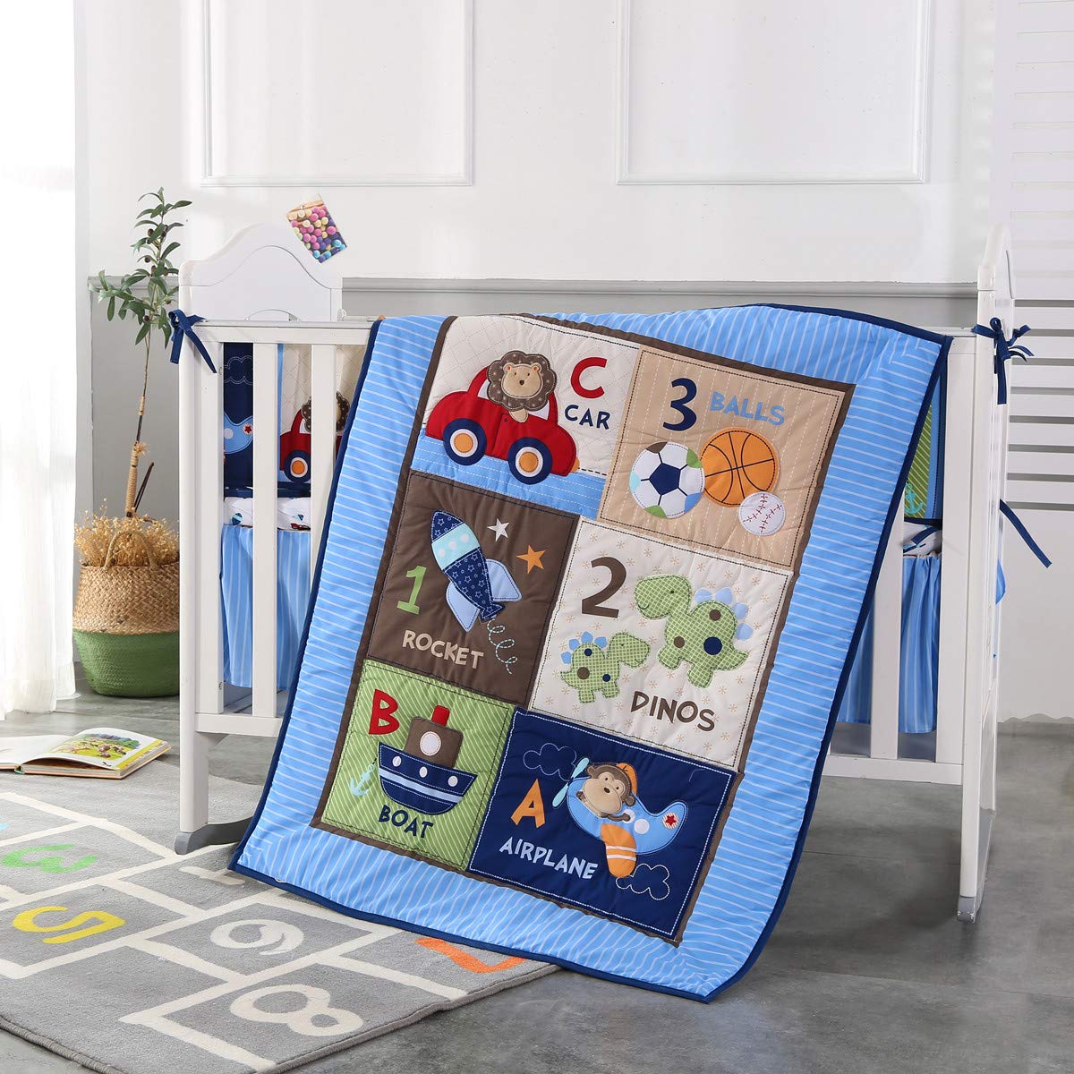 Baby Nursery Bedding - 7ชิ้นเปลชุดเครื่องนอนทารกเนอสเซอรี่ระบายอากาศ( 4กันชน+เปลผ้าพันคอ+แผ่น+กระโปรงเปล)