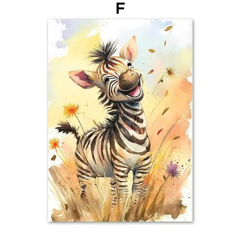 Baby Nursery Prints - ภาพวาดสีน้ำ ลายสิงโต ยีราฟ เสือ ช้าง ม้าลาย