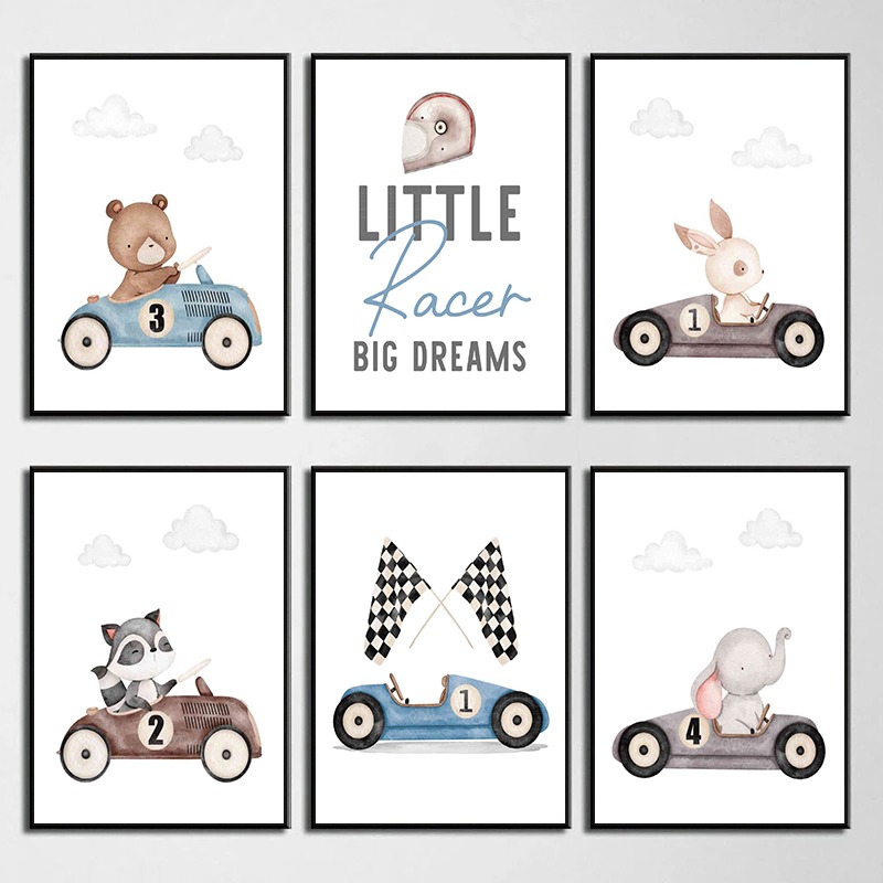 Baby Nursery Vintage - รถแข่งวินเทจ สัตว์ กระต่าย หมี ช้าง โปสเตอร์พิมพ์บนผ้าใบ