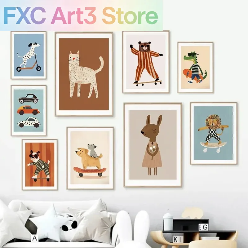 Baby Nursery Prints - โปสเตอร์สัตว์ตลกๆ 1 ชิ้น ไม่มีกรอบ กระต่าย สุนัข