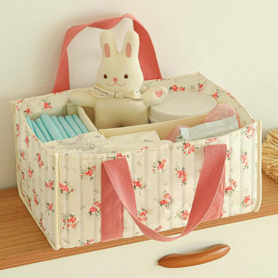 Baby Nursery Essentials - ตะกร้าใส่ผ้าอ้อมลายดอกไม้, ตะกร้าเก็บของในห้องเด็กแบบพกพาพร้อมช่องแบ่ง, ของขวัญสำหรับเด็กแรกเกิด