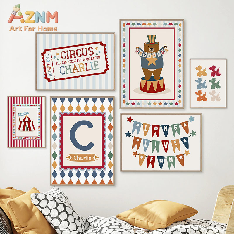 Baby Nursery Posters - หมีนักมายากลในคณะละครสัตว์ ภาพวาดบนผืนผ้าใบสำหรับตกแต่งผนังห้องเด็ก โปสเตอร์การ์ตูนและภาพพิมพ์ ภาพตกแต่งห้องนอนเด็ก ของตกแต่งห้องเด็ก
