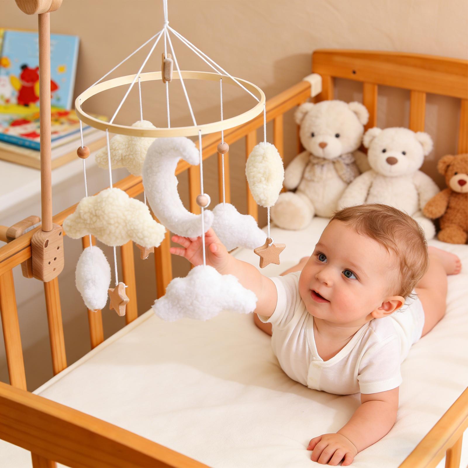 Baby Nursery Bedding - โมบายไม้สำหรับเตียงเด็ก ของเล่นเขย่ามือรูปเมฆการ์ตูนน่ารัก พร้อมขายึด โมบายแขวนเตียงเด็กแรกเกิด ของตกแต่งห้องเด็ก