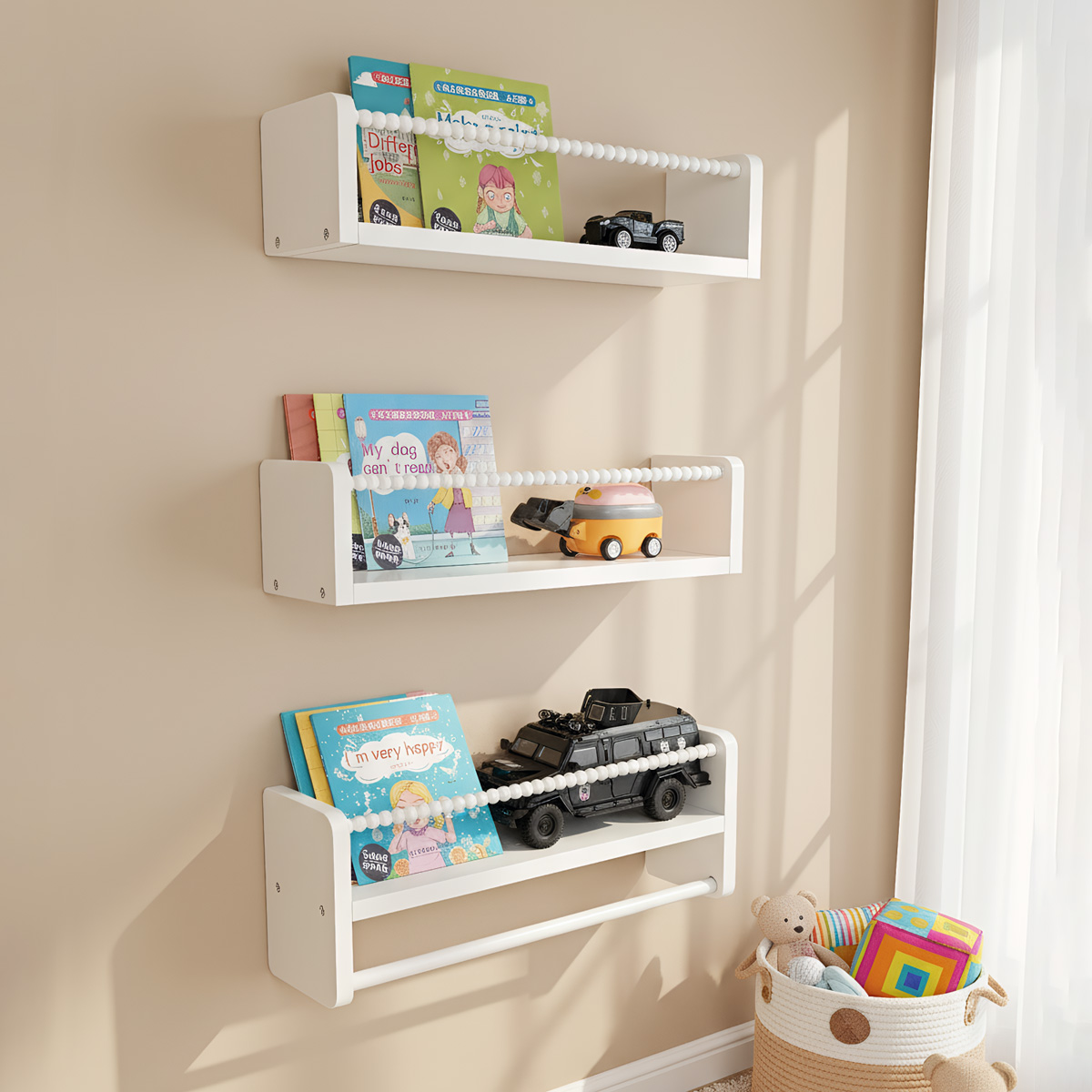 Baby Nursery Shelves - ชั้นวางหนังสือไม้สำหรับห้องเด็ก, ชั้นวางหนังสือติดผนังขนาด 15.7 นิ้ว ชุด 3