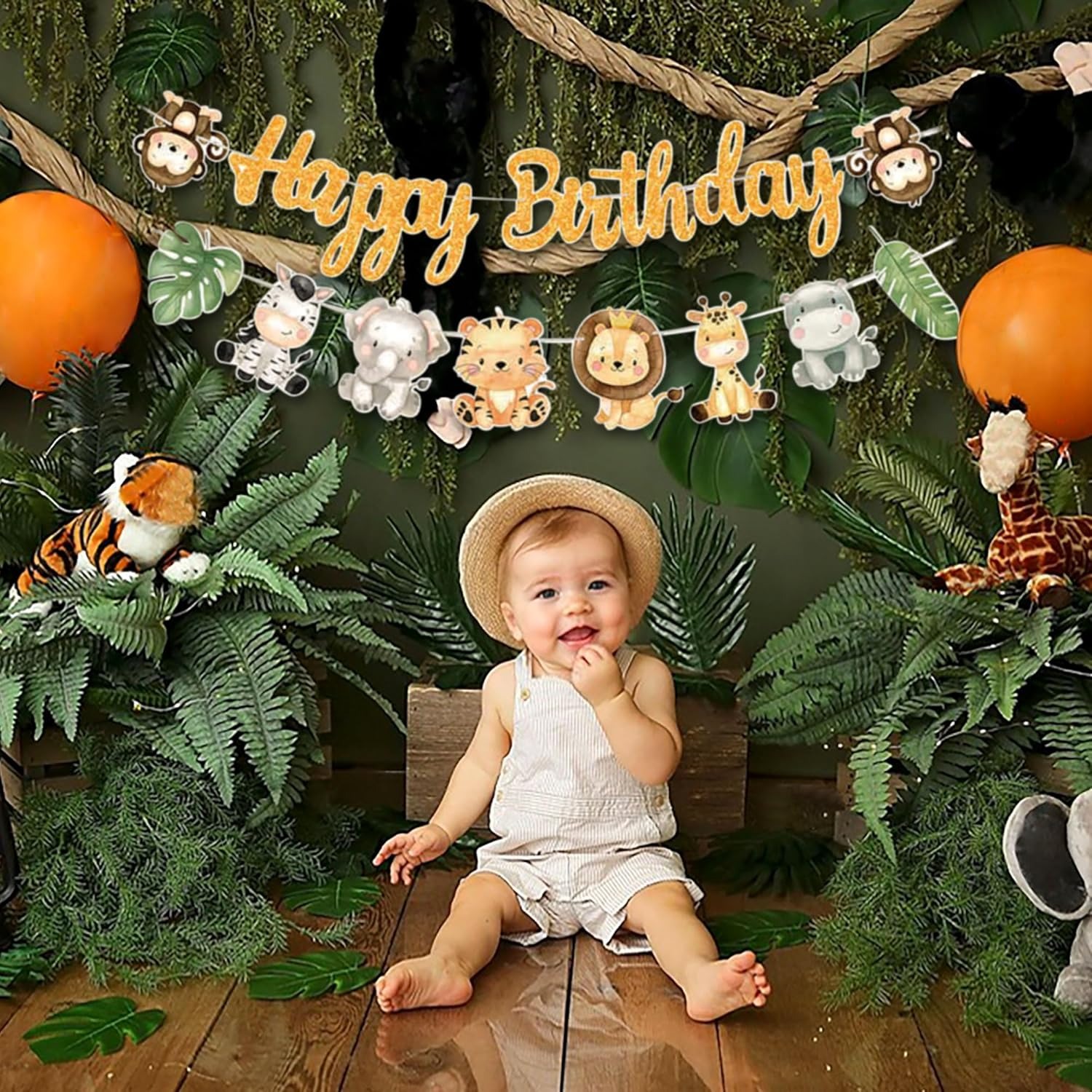 Baby Nursery Jungle Theme - ป้ายแบนเนอร์สุขสันต์วันเกิดธีมซาฟารีในป่า ตัวอักษรสีทอง พร้อมรูปสัตว์น่ารัก สำหรับงานปาร์ตี้เด็กแรกเกิด งานเลี้ยงฉลองวันเกิดเด็ก ตกแต่งธีมสวนสัตว์