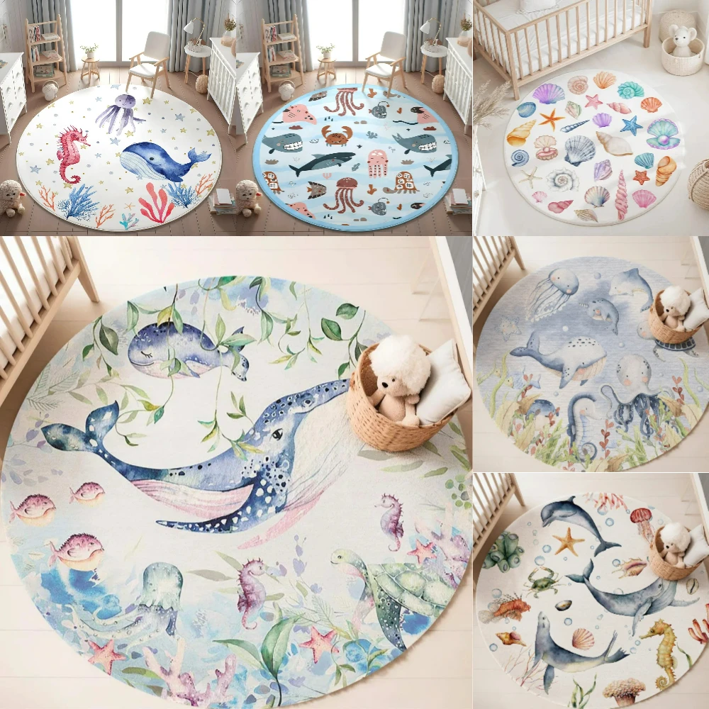 Baby Nursery Carpet - พรมลายสัตว์ทะเลสีฟ้า สำหรับห้องนั่งเล่น ห้องเด็กผู้หญิง ห้องเด็กเล่น ห้องนอน พรมนุ่ม