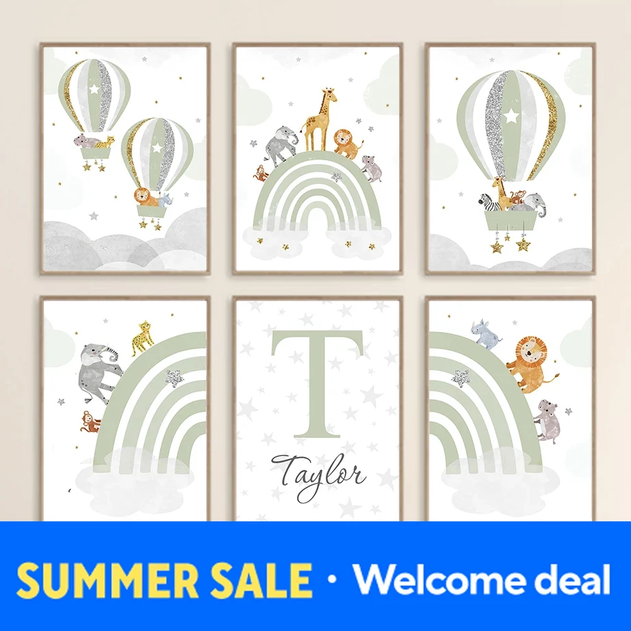 Baby Nursery Posters - รถไฟสายรุ้ง สิงโต ยีราฟ บอลลูนร้อน ภาพวาดบนผืนผ้าใบสำหรับตกแต่งผนังห้องเด็ก โปสเตอร์และภาพพิมพ์