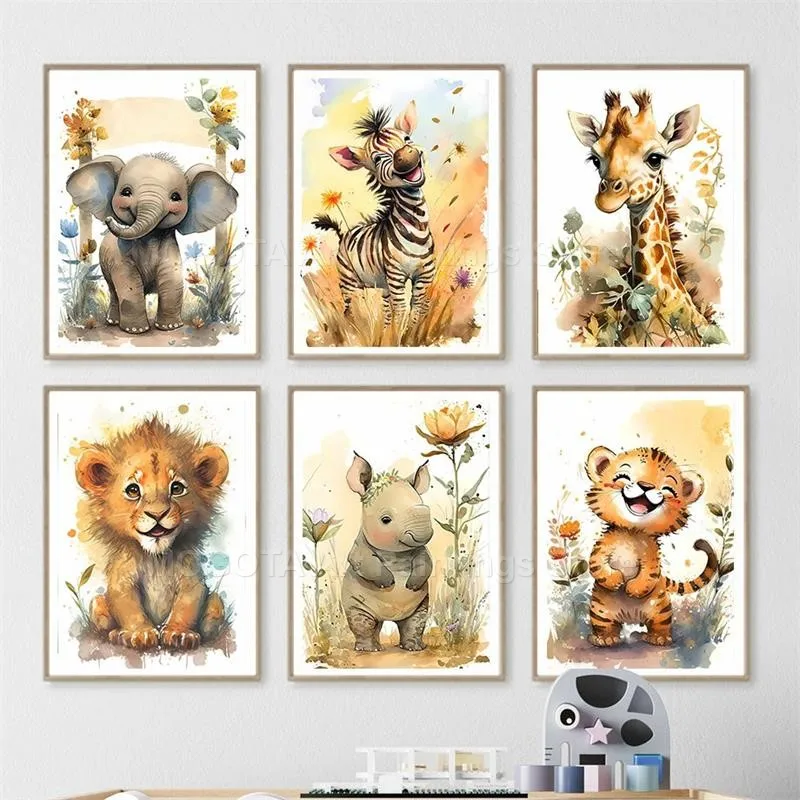 สีน้ำสิงโตยีราฟเสือช้างม้าลายเ - Baby Nursery Prints บทวิจารณ์และราคา