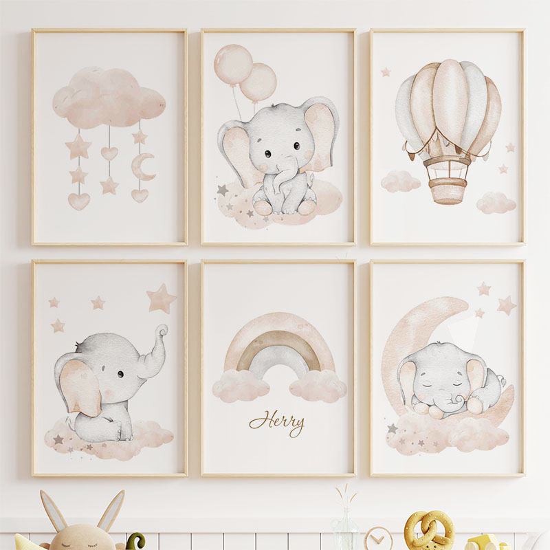 ช้างน่ารักร้อนบอลลูน Moon Rain - Baby Nursery Prints บทวิจารณ์และราคา